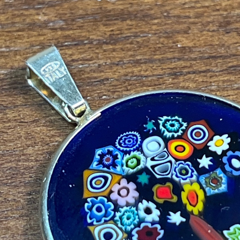 Vtg Millefiori Tree of Life Pendant 925 Sterling Silver Italy Blue Glass - Picture 5 of 6